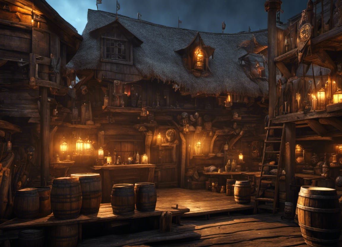 Rustic Pirate Tavern by the Docks in Watercolor Style