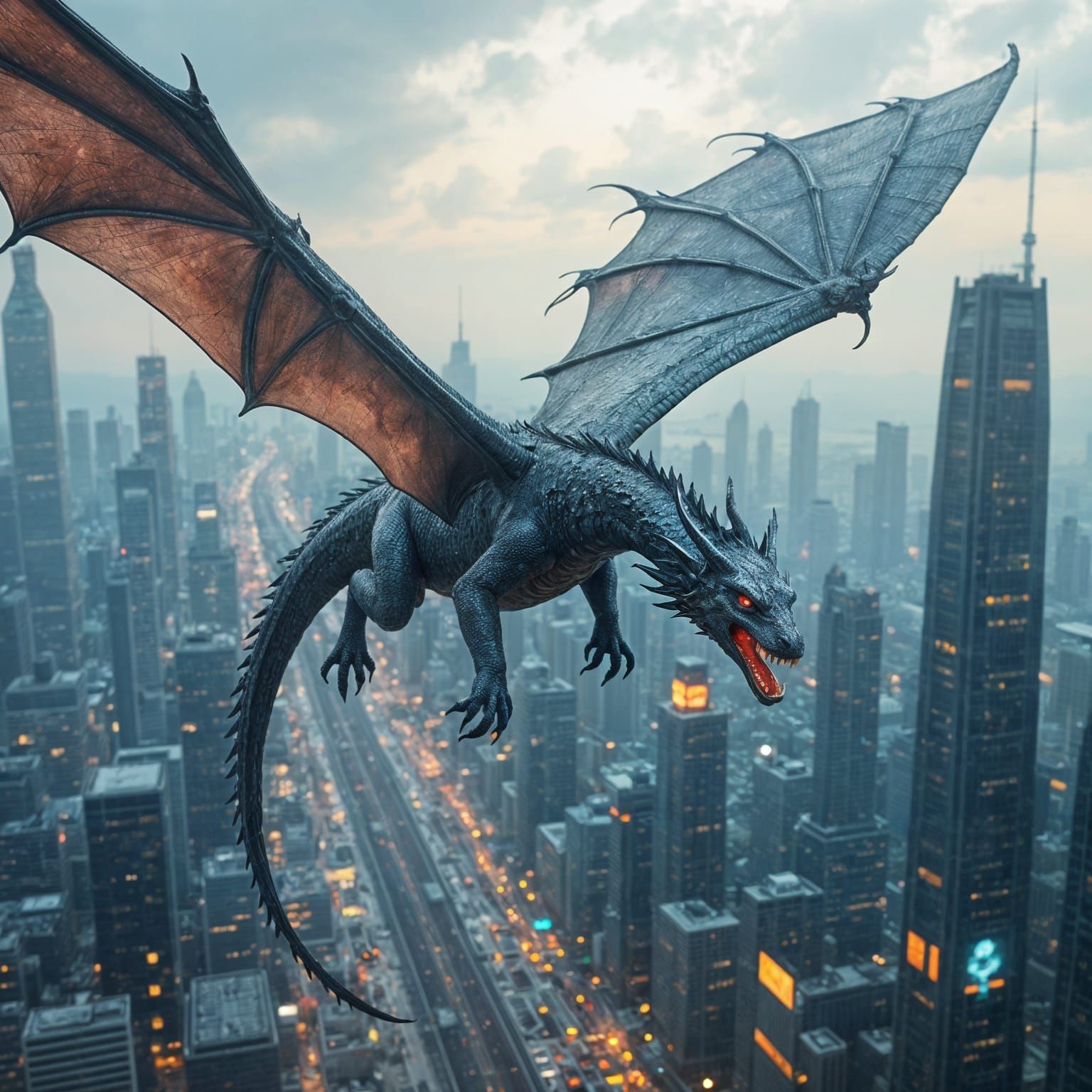 Imagine a majestic, detailed, and highly realistic dragon wi...