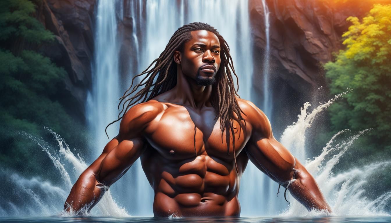Hyperrealistic Man with Long Hair in Waterfall