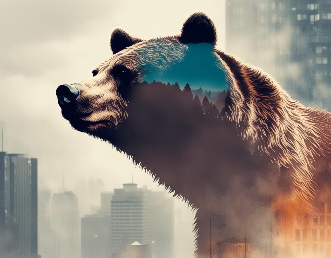 Urban Grizzly Bear in Double Exposure Portrait