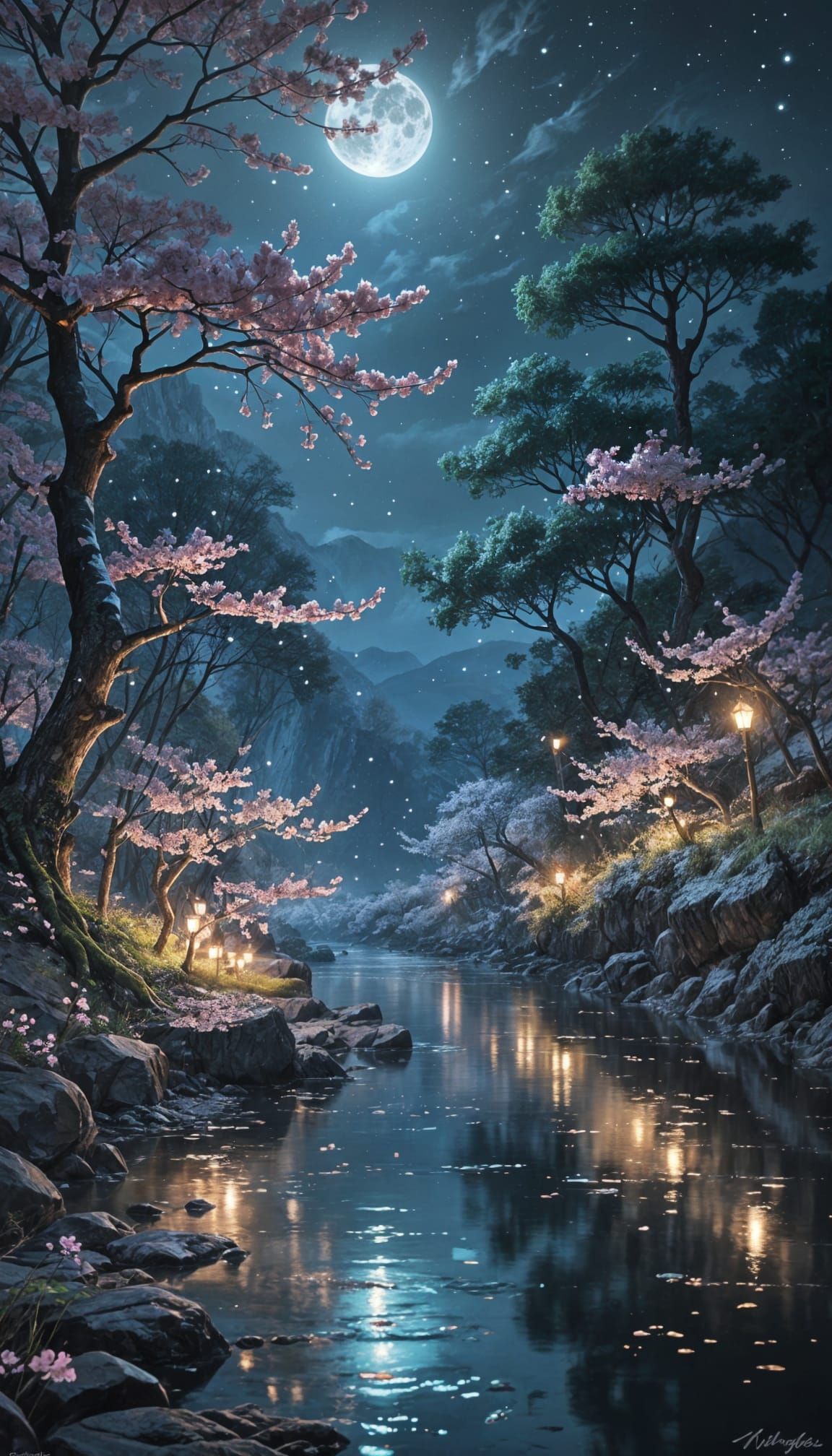 Glowing Cherry Blossom Nightscapes Under Full Moonlight