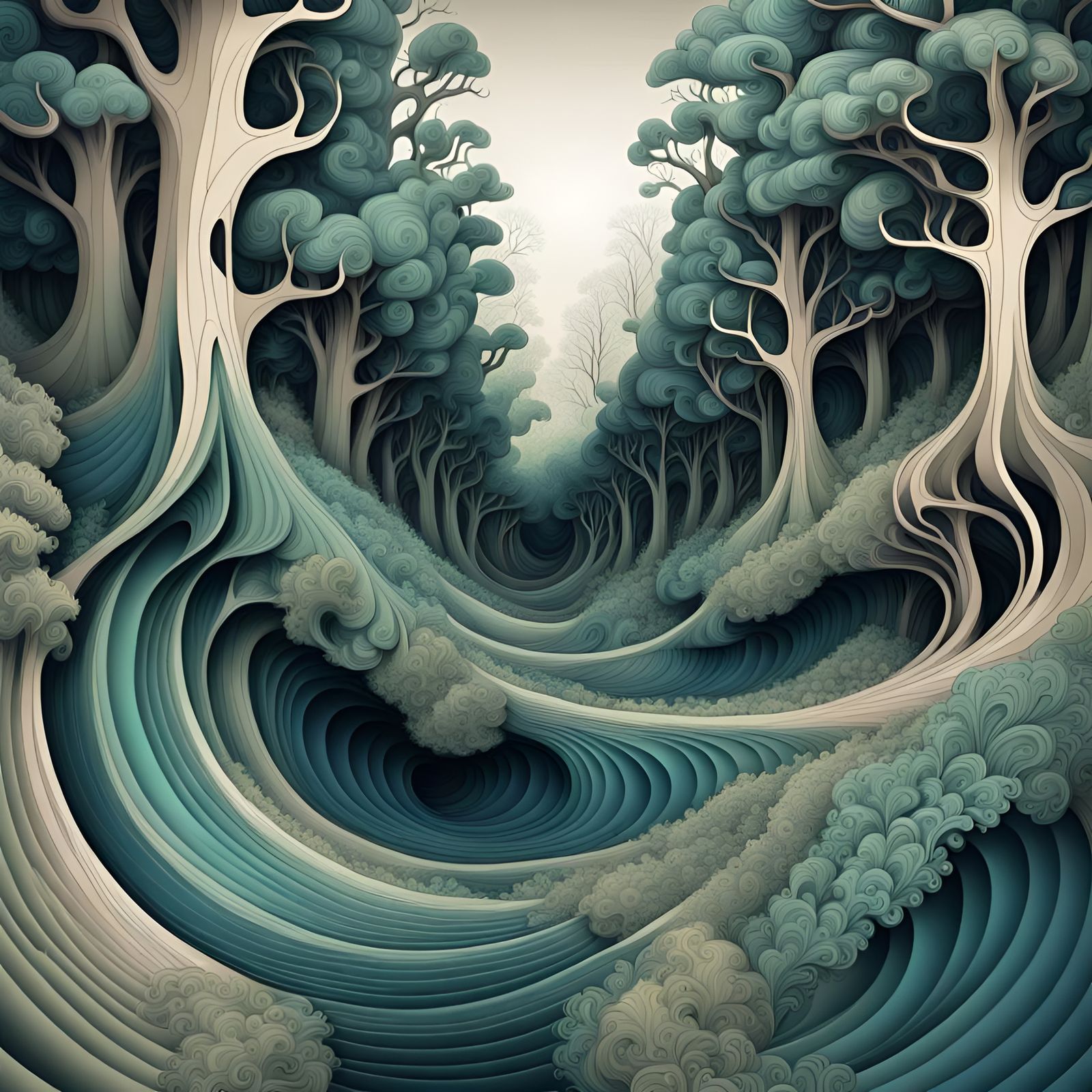 Surreal Forest Postcard with Abstract Fractal Design