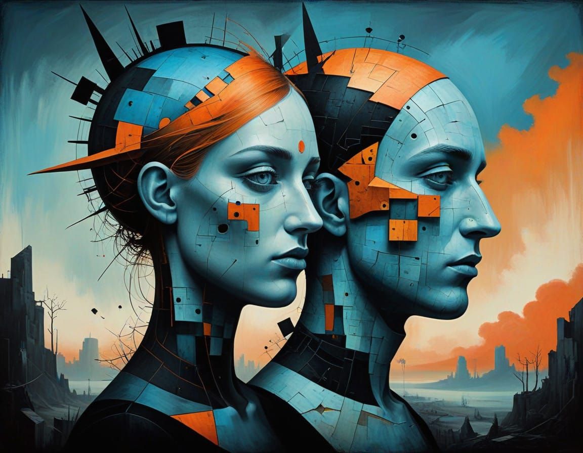 Disturbing Janus Portraits in Dystopian Cubist Surrealism