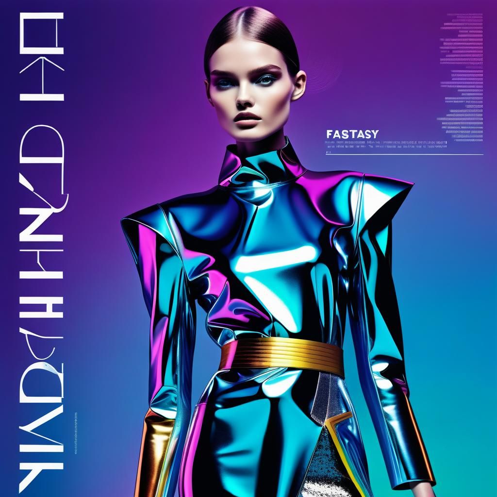 A magazine cover of a fashion-forward model in a futuristic ensemble.