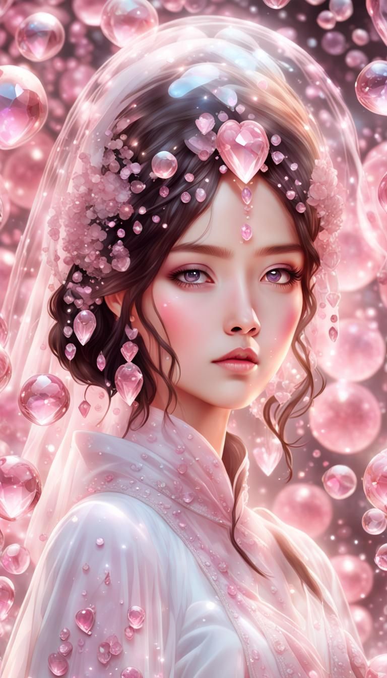 Pink Crystal Girl with Heart Bubbles in Fairy Tale