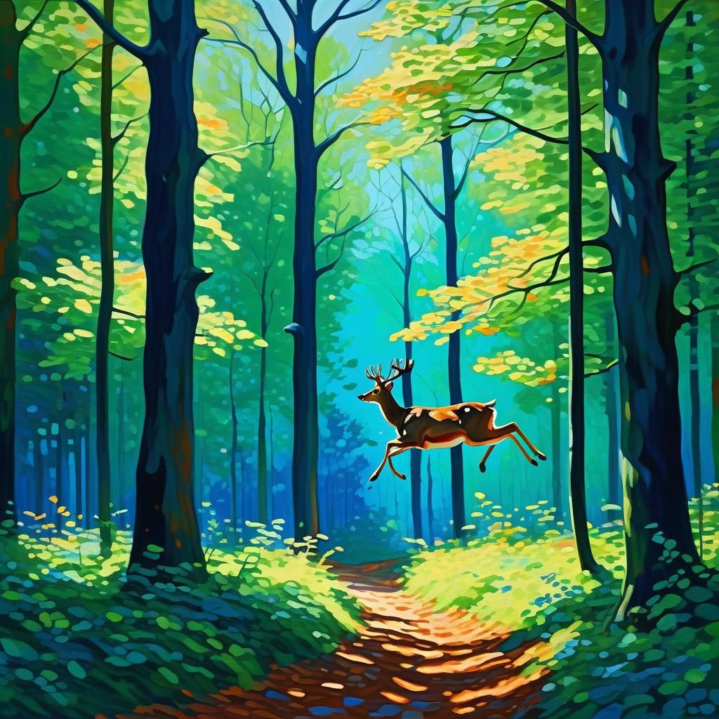Deer in Forest, Impressionist Landscape Painting