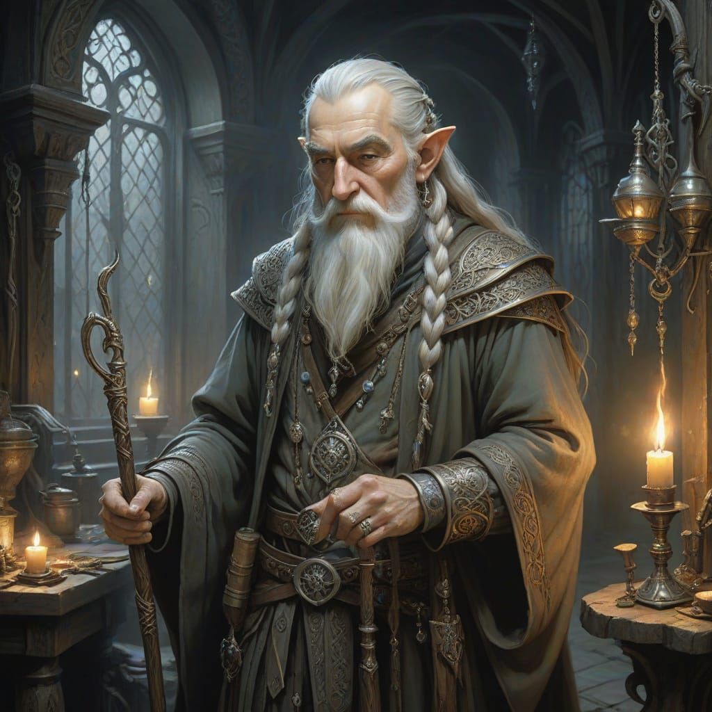 Elegant Elven Artificer in a Mystical Workshop
