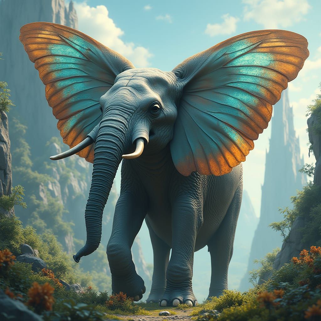 Surreal Elephant-Butterfly Hybrid in a Dreamlike Landscape