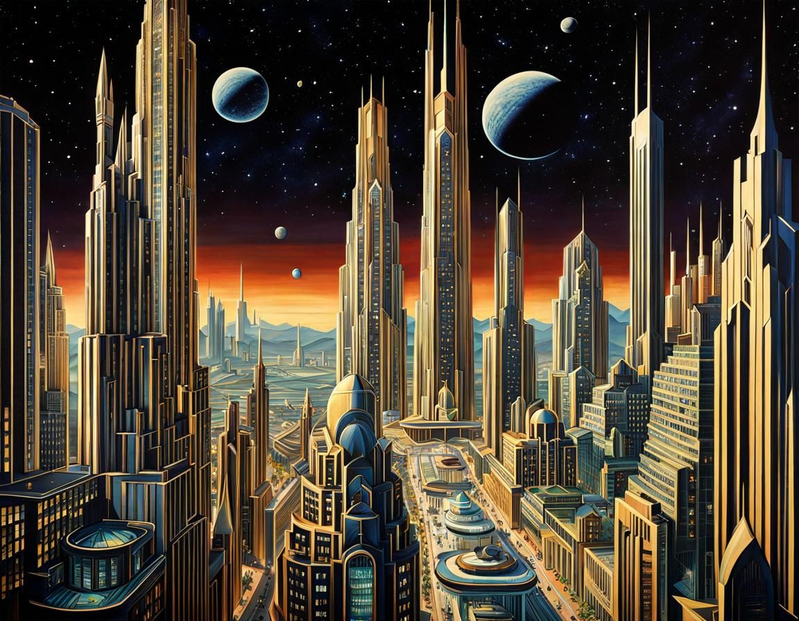 Crystal City in Space: Retro Art Deco Vision