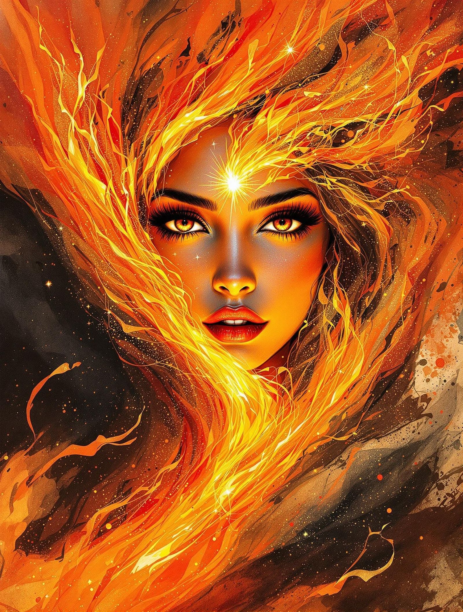 Flaming Palestinian Goddess Portrait in Mixed Media