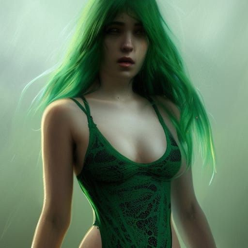 Green-Haired Girl in Lace Swimsuit: Dark Fantasy Art