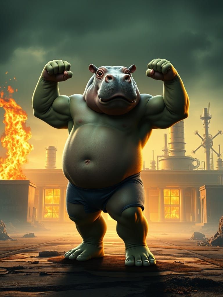 Hippopotamus Hulk Flexes Muscles amidst Burning Lab