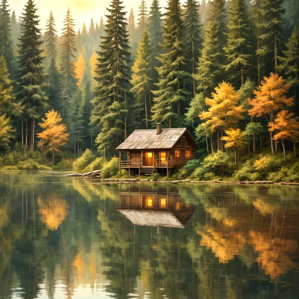 Cabin by Lake and Forest in 3D Oil Painting