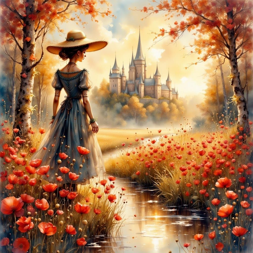 Poppy Field with Scarecrow in Watercolor Style