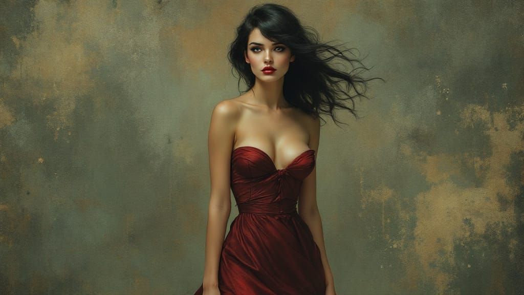 Pin-Up Woman in Red Silk, Atmospheric Oil Painting Style