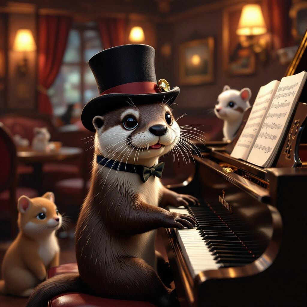 Otter Gentleman Plays Piano in Cozy Jazz Club