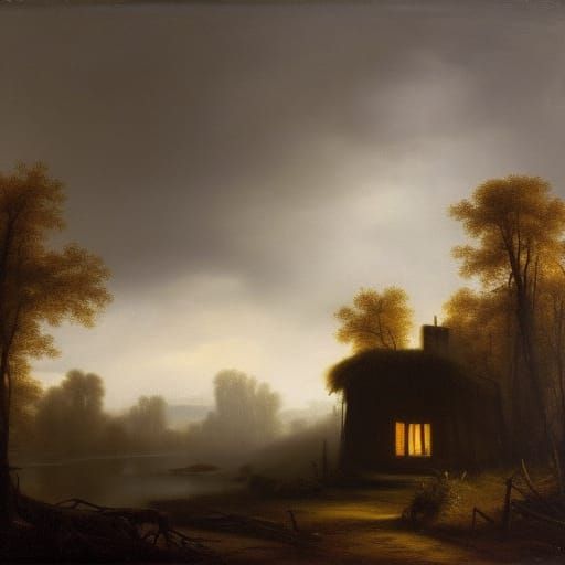 Dark Forest Cottage Ruins: Oil Painting Masterpiece