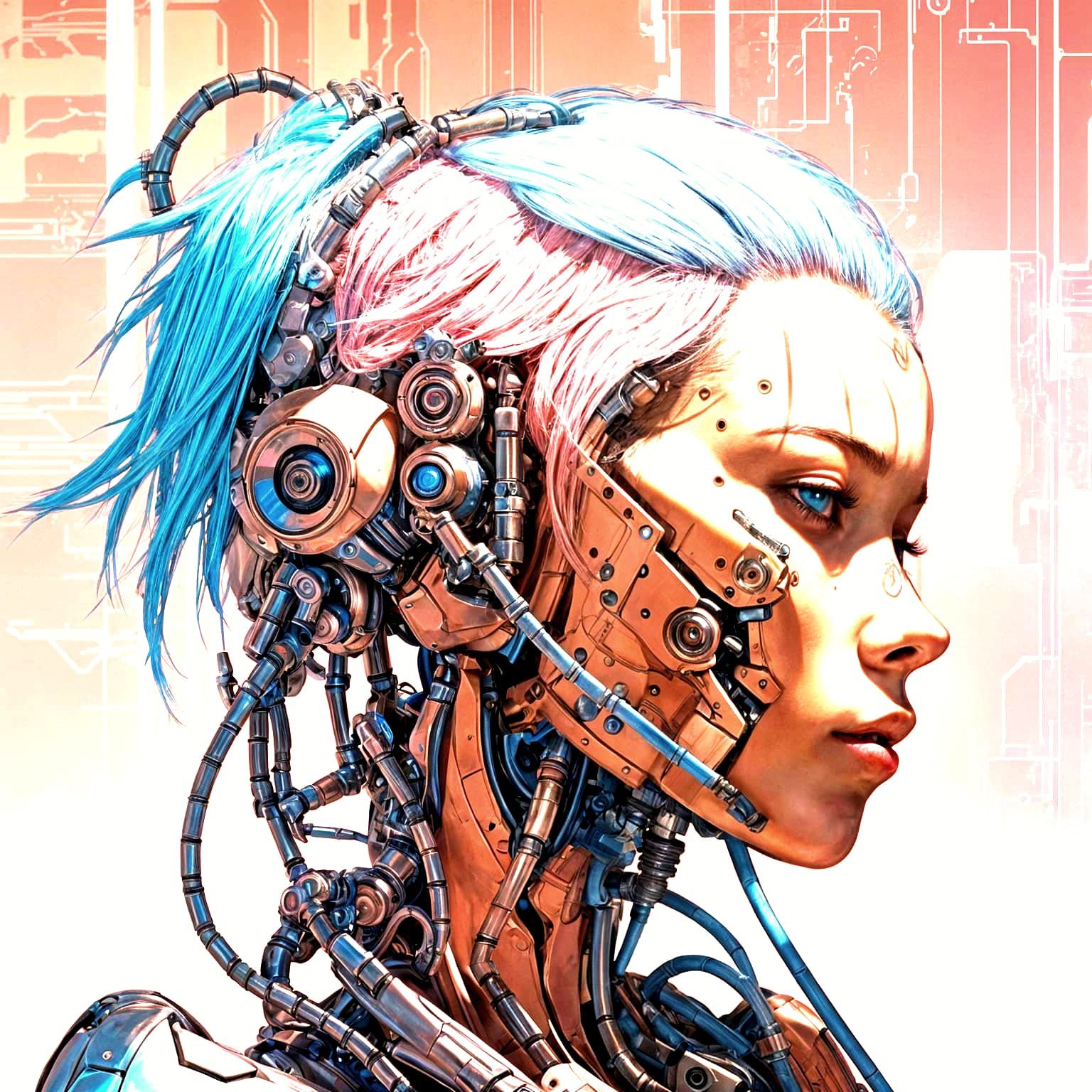 Mechanical Humanoid with Pink and Blue Hair in Comic Style