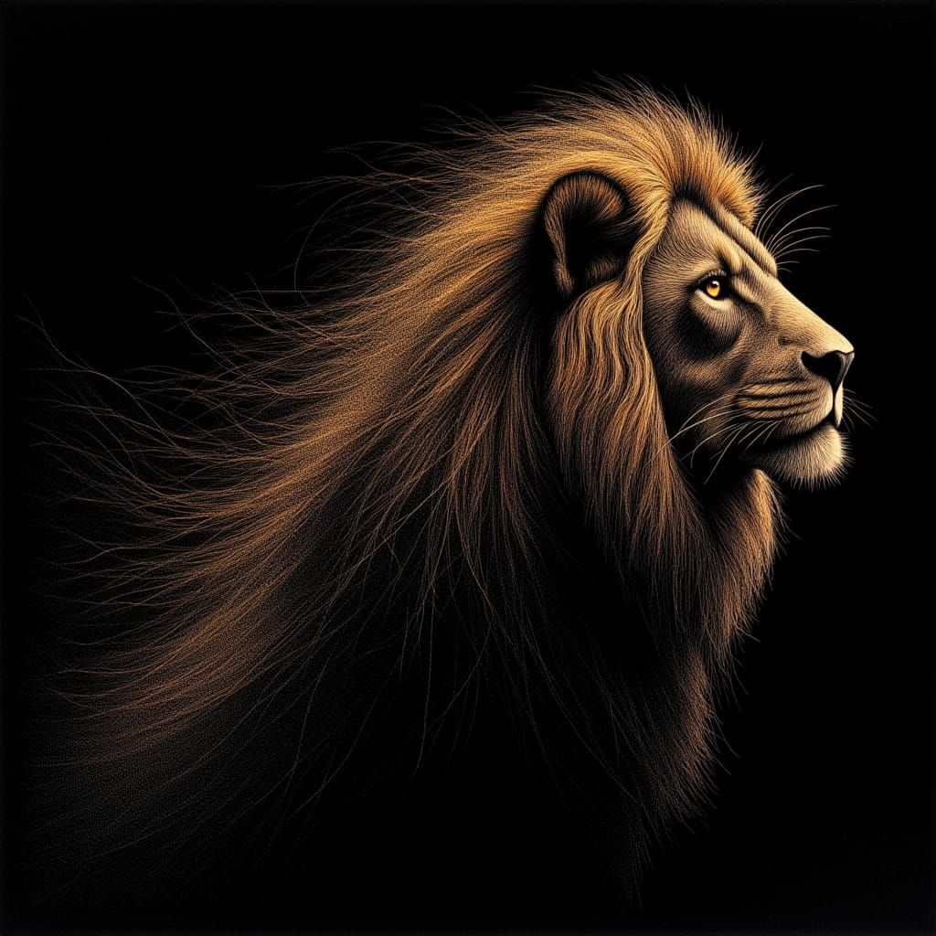 Intricate Scratch Art Lion with Flowing Mane