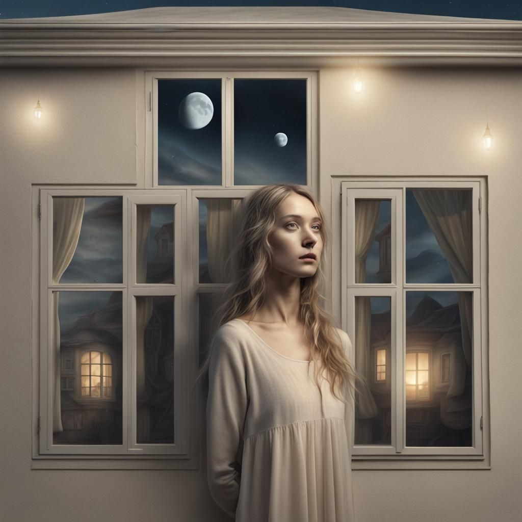 Surreal Woman-House with Lunar Face in Magical Realism