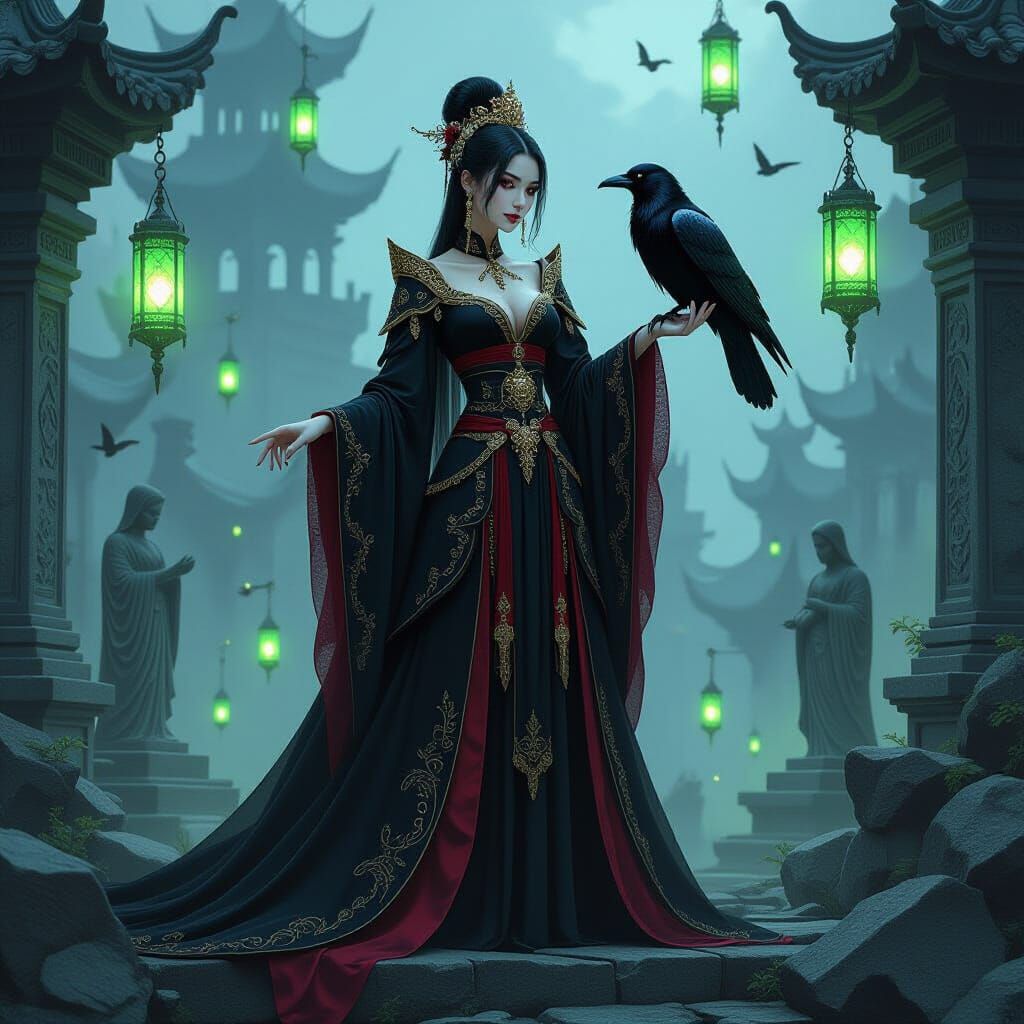 Gothic Princess in Ruined Temple with Raven