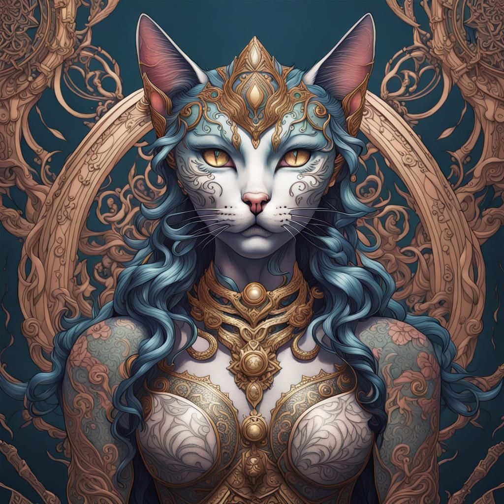 Intricate Cat Goddess Tattoo Line Art
