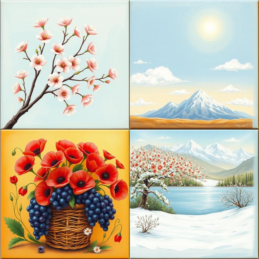 Quadriptych Artwork: Cherry Blossoms, Poppies, Grapes, Winte...
