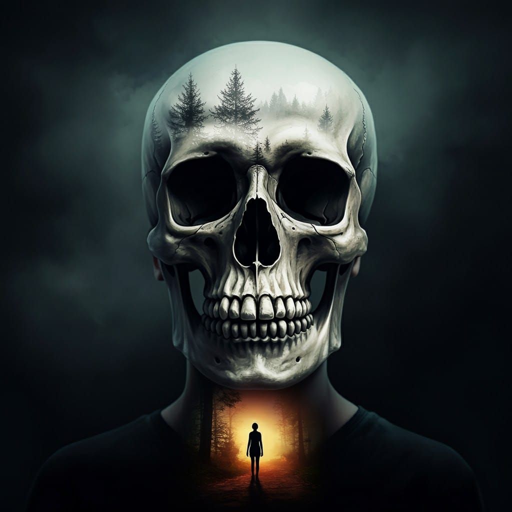 Mystical Skull Double Exposure in Digital Art Style