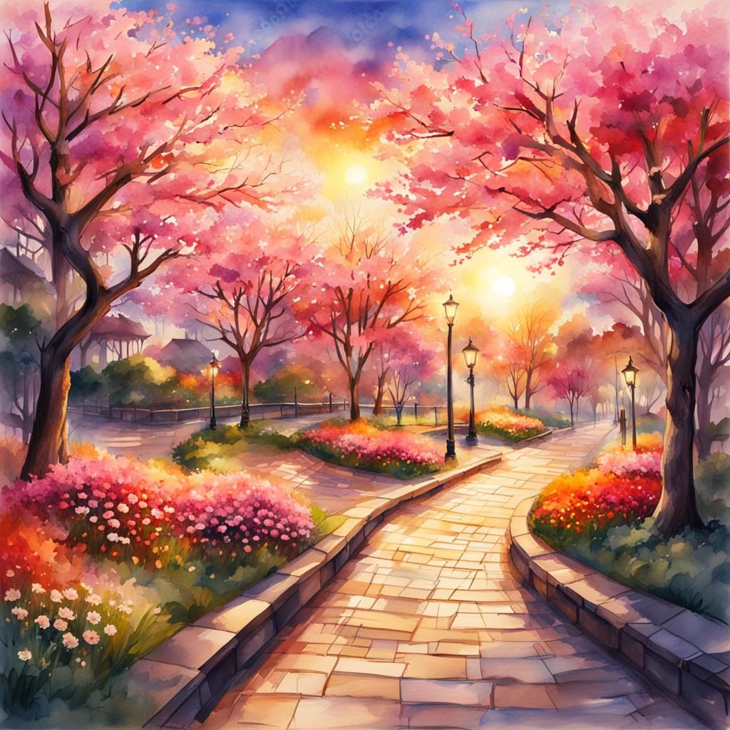 Vivid Sakura Park in Watercolor Sunset