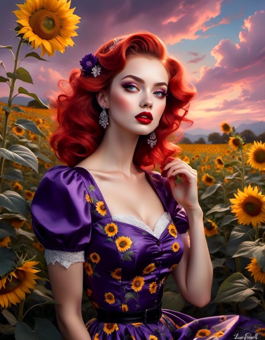 Woman in Sunflower Field with Purple Clouds, Pin-up Style
