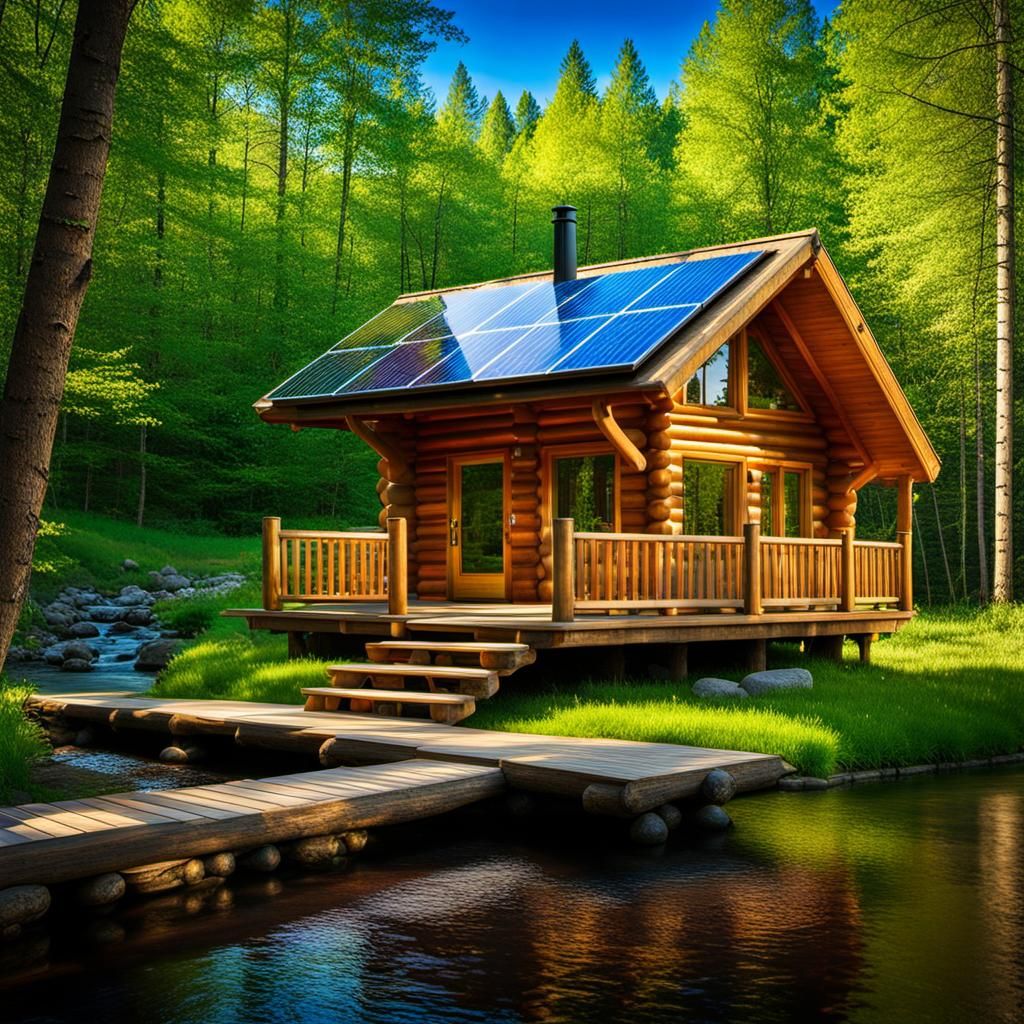 Cabin by River Under Rainbow in Spring Woods