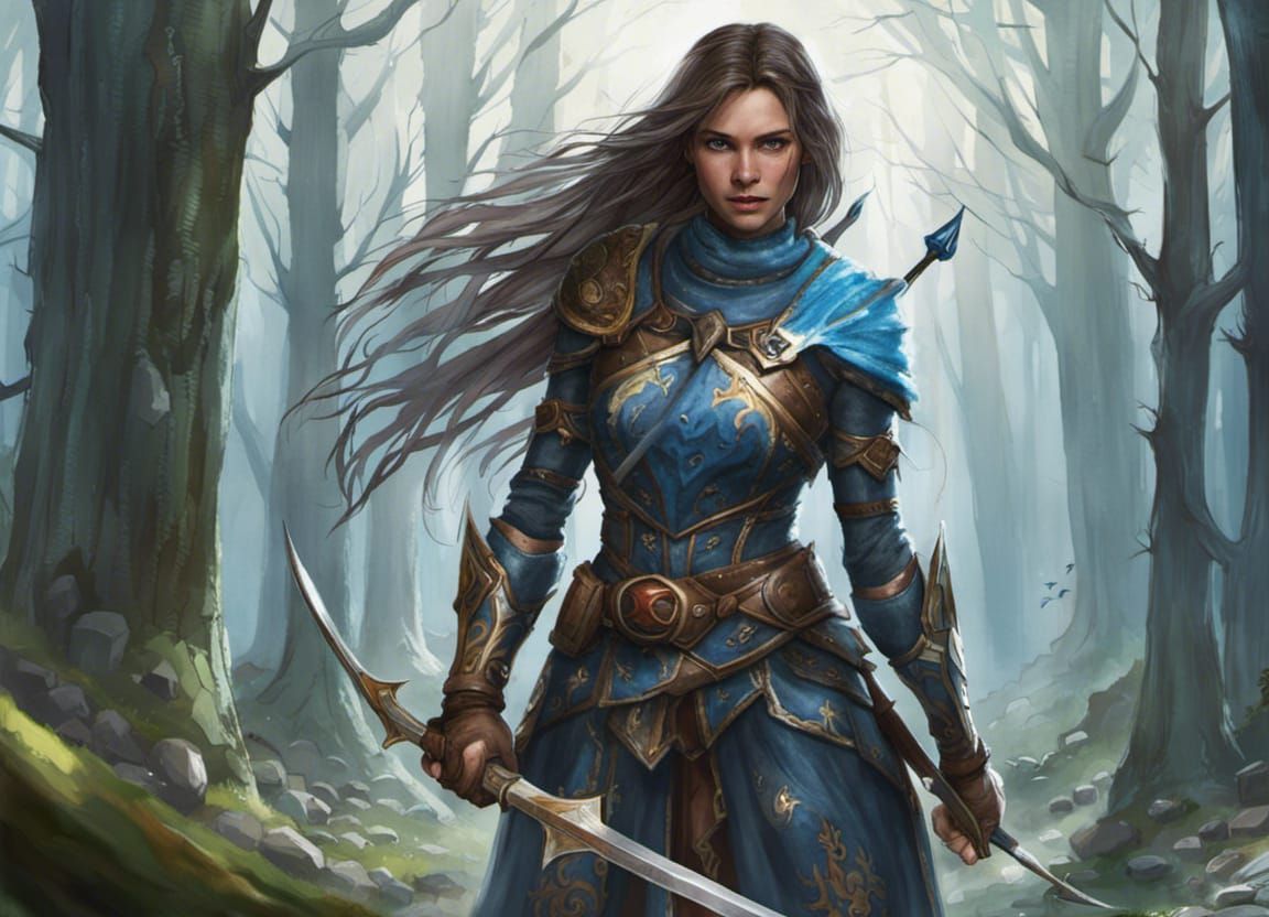 Female Assassin with Bow in Forest, Impressionism Style