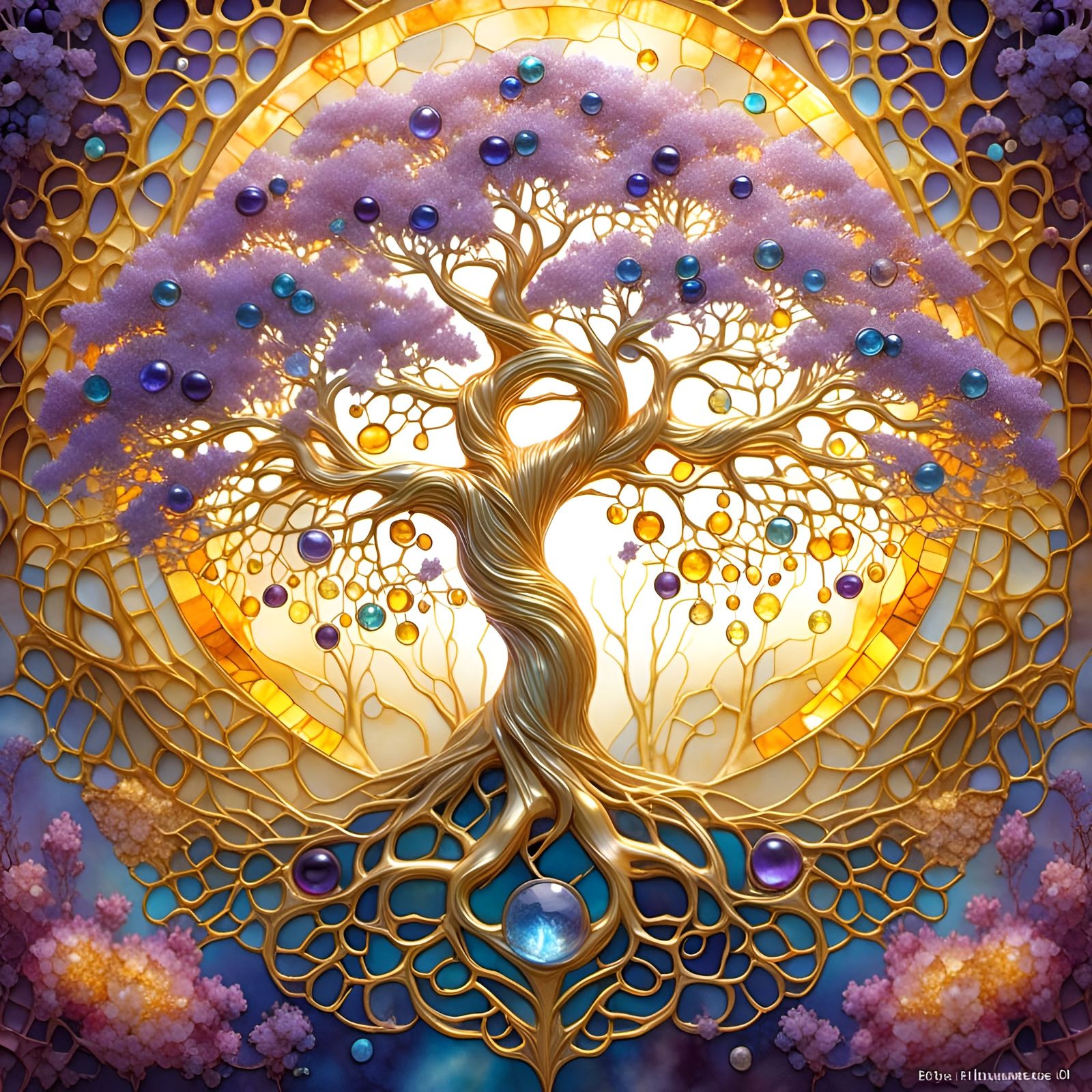 Golden Tree of Life with Gemstone Flowers