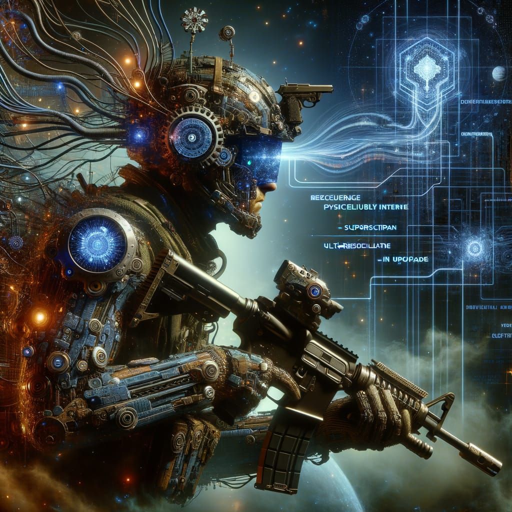 Futuristic Warrior in Cyberpunk Armor with Holographic Data