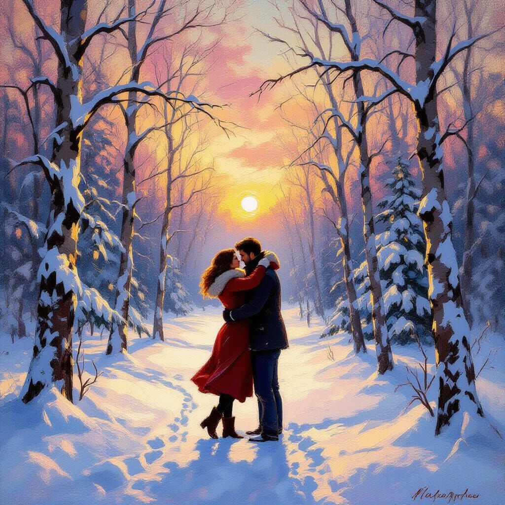 Couple Embracing in Snowy Forest Sunset