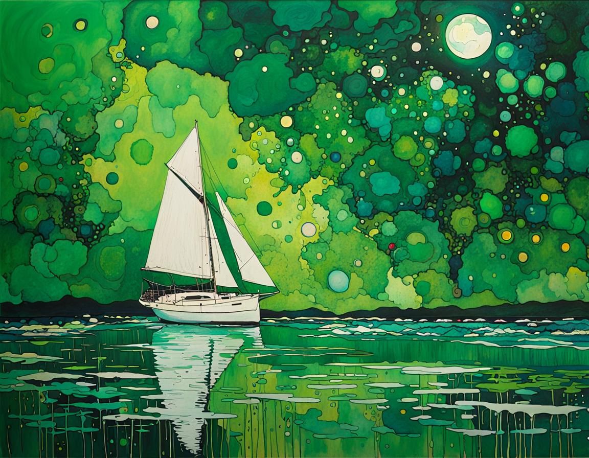 White Sailboat on Green Sea with Ink Splatter