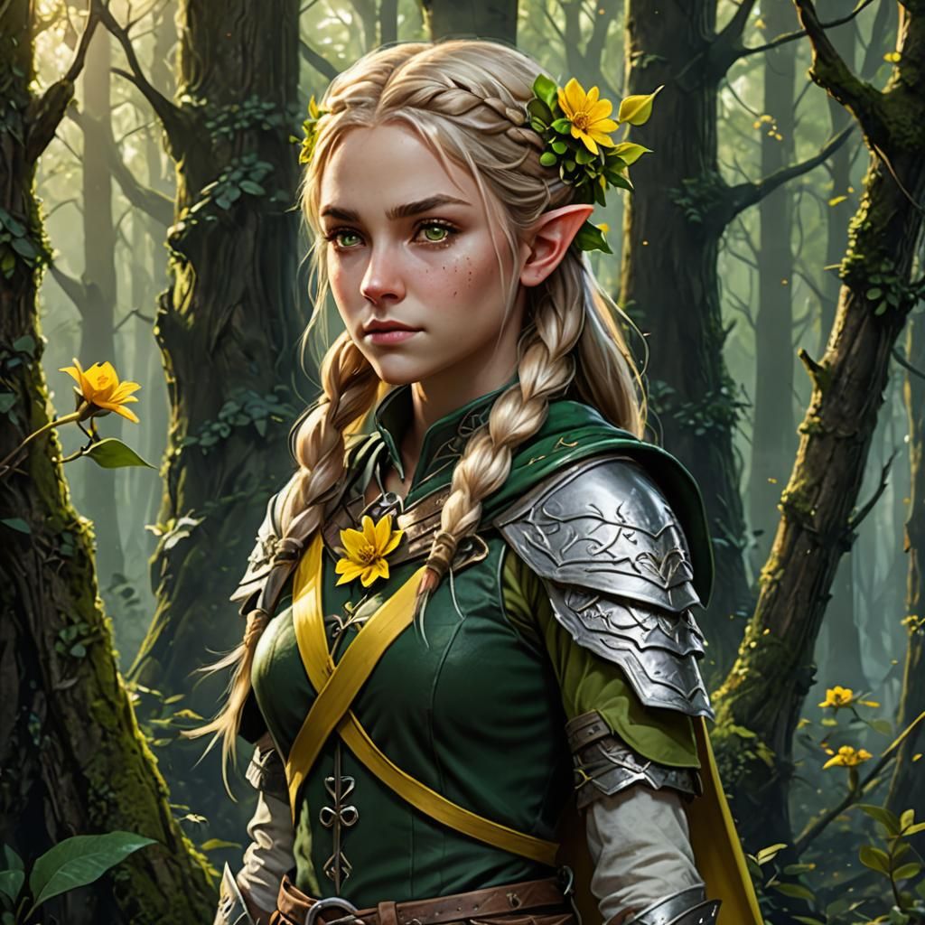 Half-Elf Ranger Girl in Dark Forest, Fantasy Art