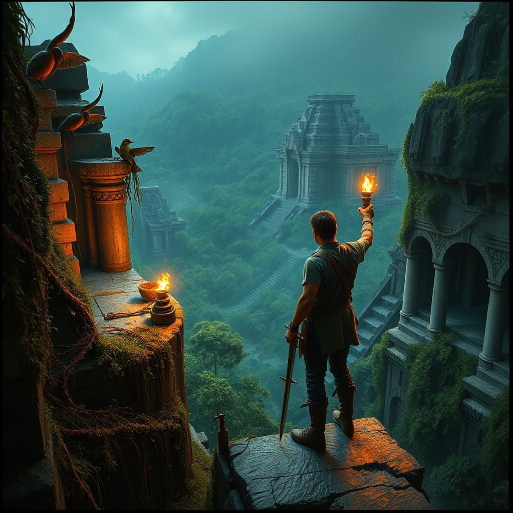 Adventurer at Ancient Temple in Cinematic Style