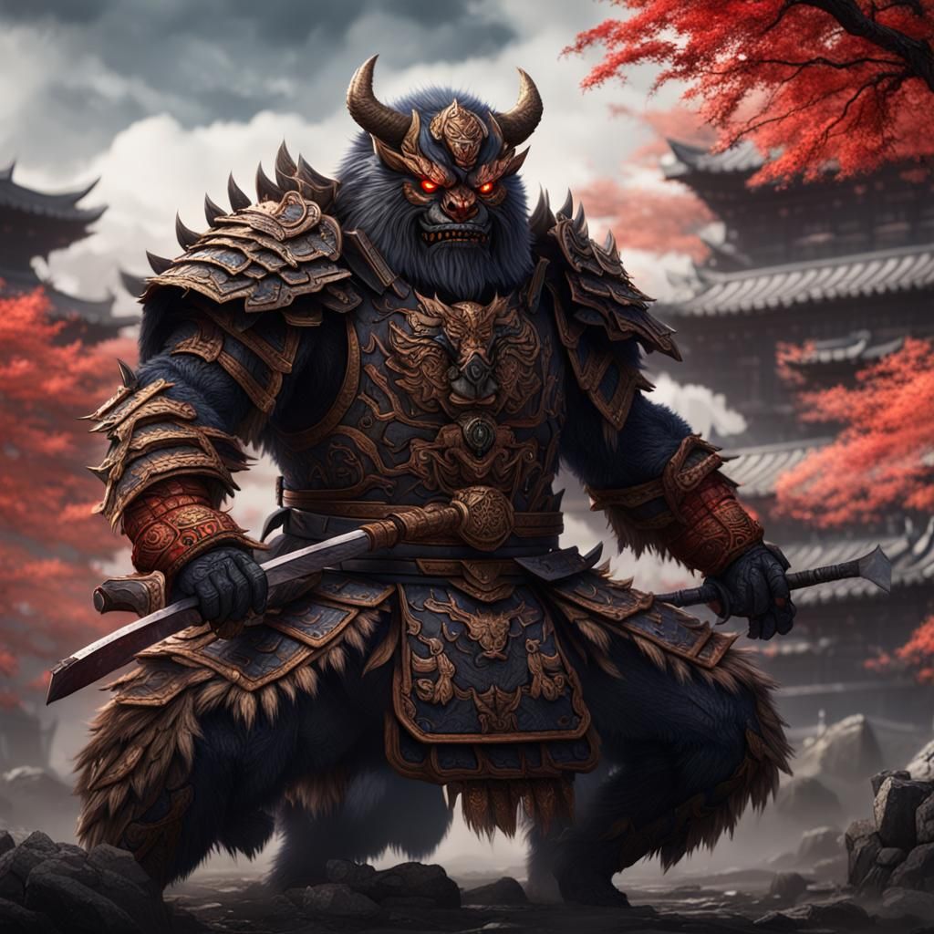 Armored Owlbear Samurai Oni: Detailed Fantasy Art