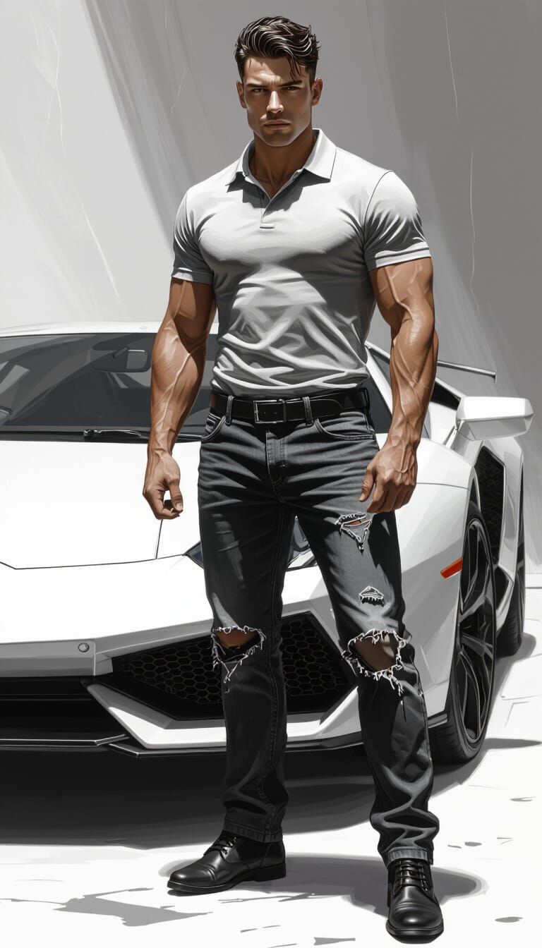 Confident Man and Lamborghini in Syd Mead Style