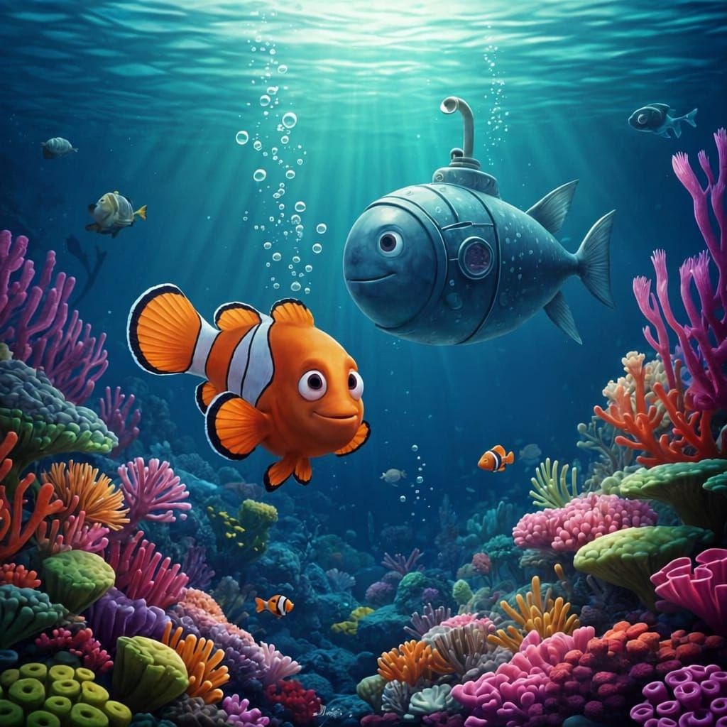 Pixar Style Clownfish With Submarine Underwater