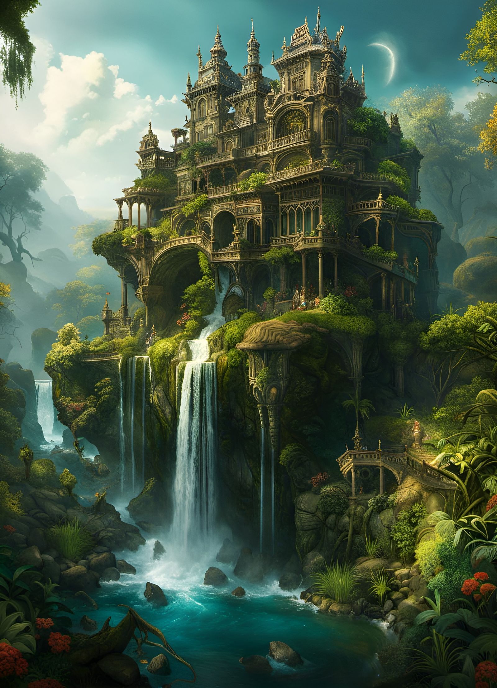 Overgrown Forest Palace Waterfall: Fantasycore Artwork