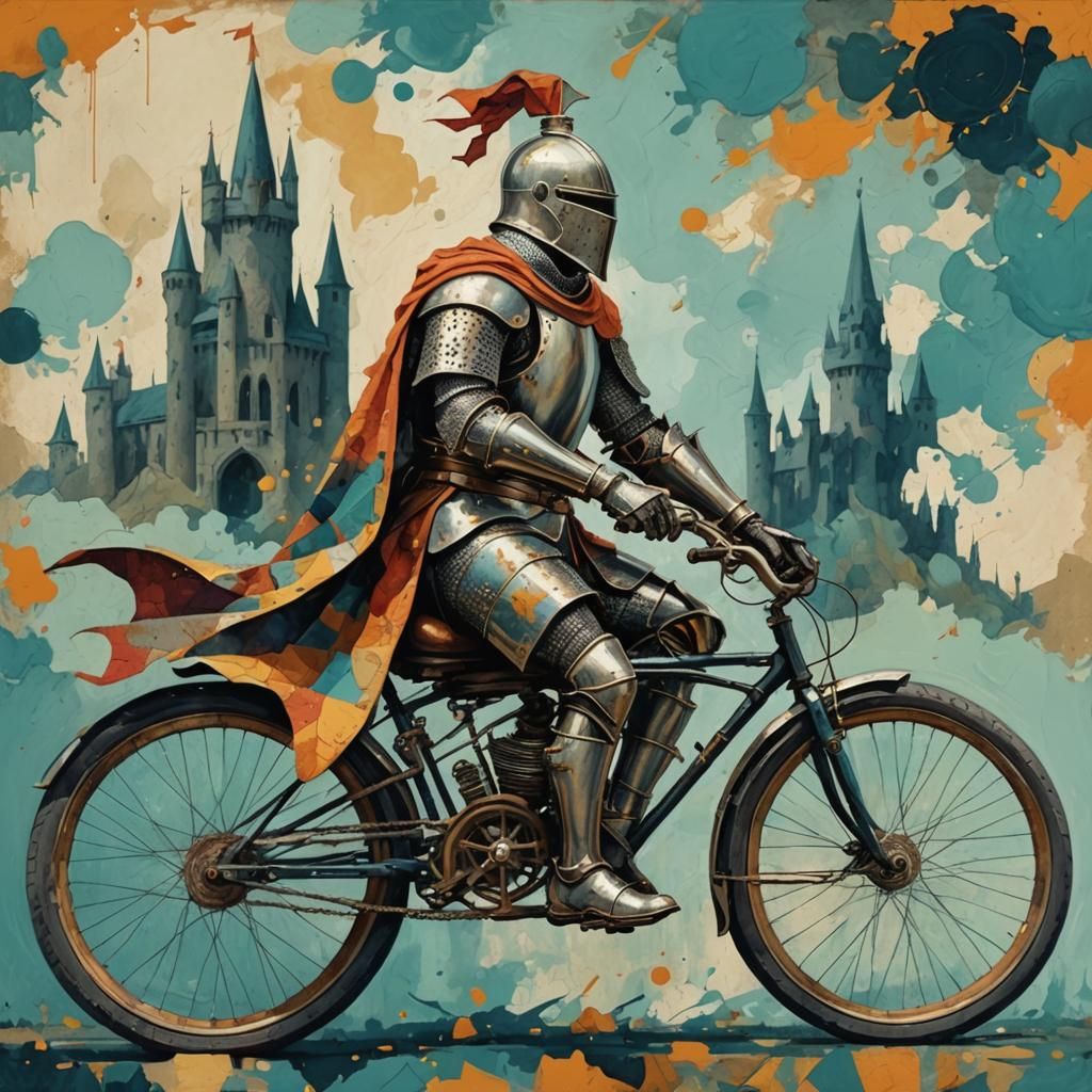 Medieval Knight on Bicycle in Abstract Art Style