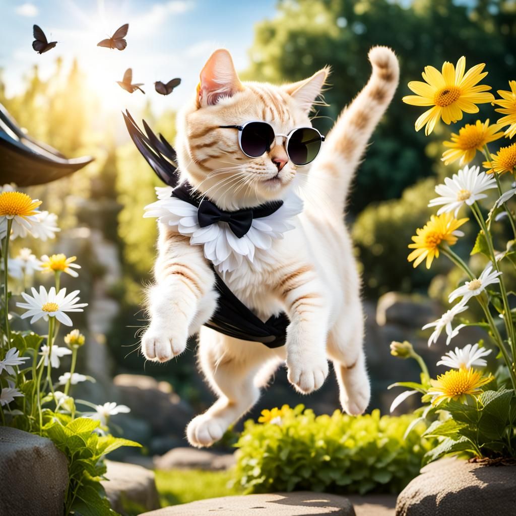 Winged Cat Leaping in Mystical Garden