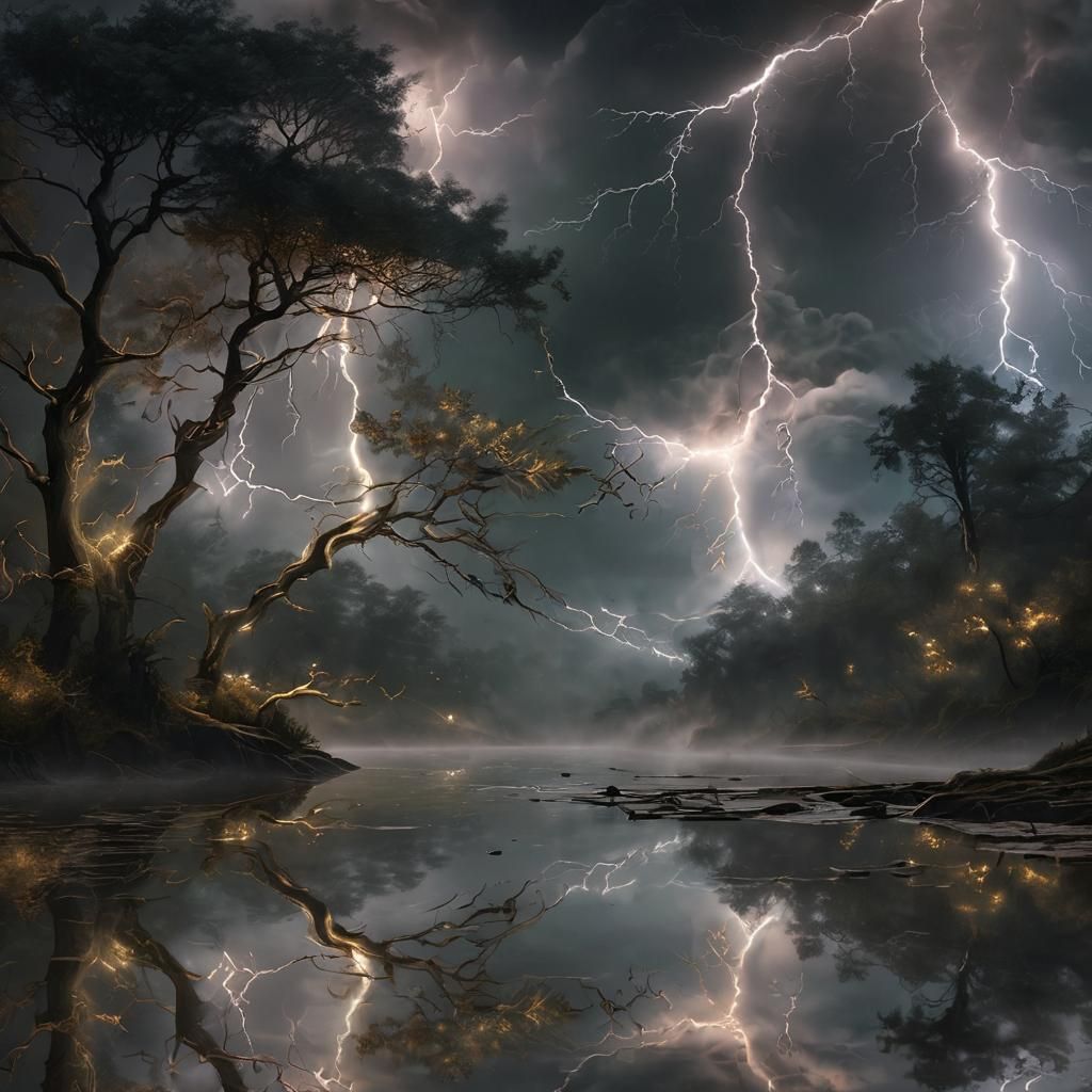 Fractal Lightning Bolts Over Calm River