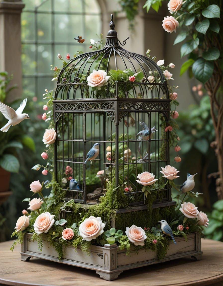Antique Birdcage With Miniature Garden and Birds