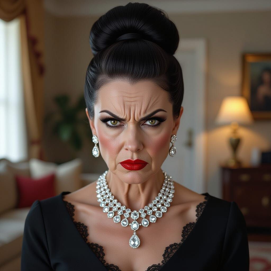 Old Woman's Furious Glare in Depressing Luxury Living Room