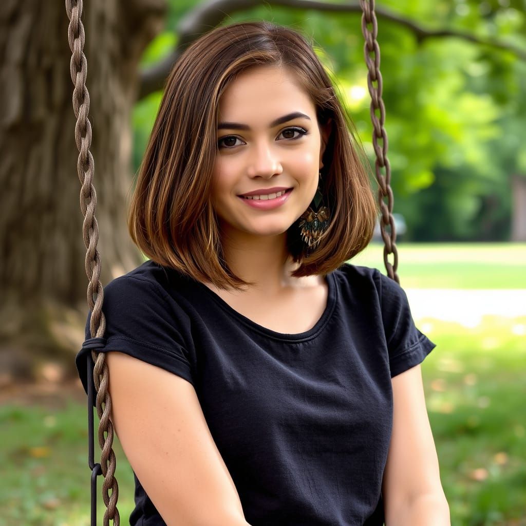 Young Woman with Bob Haircut on Tree Swing