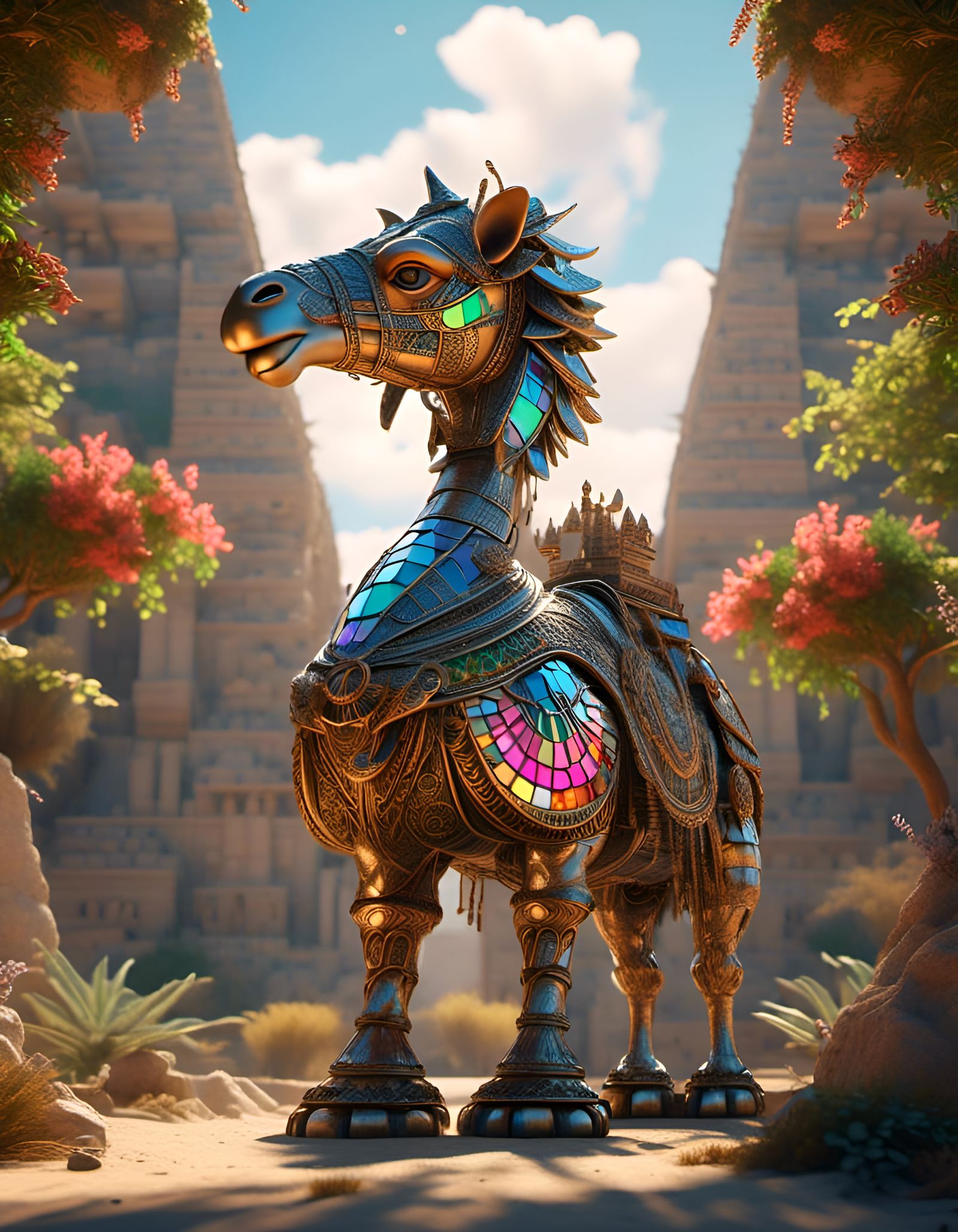 Polychromatic Dragon-Camel Guards Gaza Pyramid