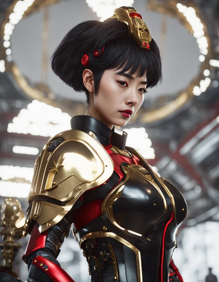 Korean Idol in Cyberpunk Armor with Saintly Halo